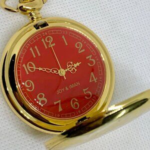 Gold Tone Pocket Watch Quartz analog red dial 46mm running